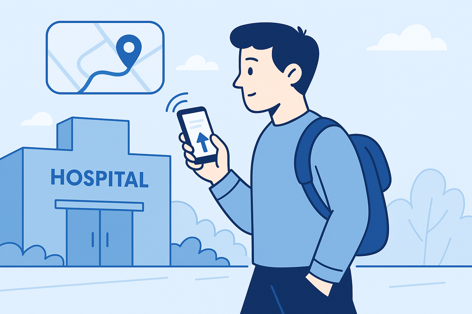 Visitor using mobile phone to navigate hospital